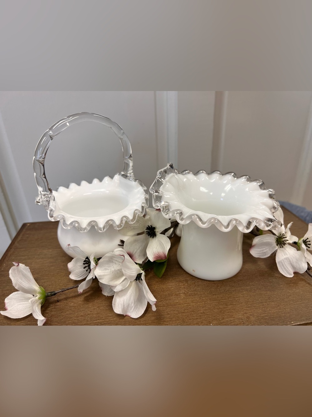 Vintage White Milk Glass Basket and White Milk Glass Ruffled Dish (set 2)